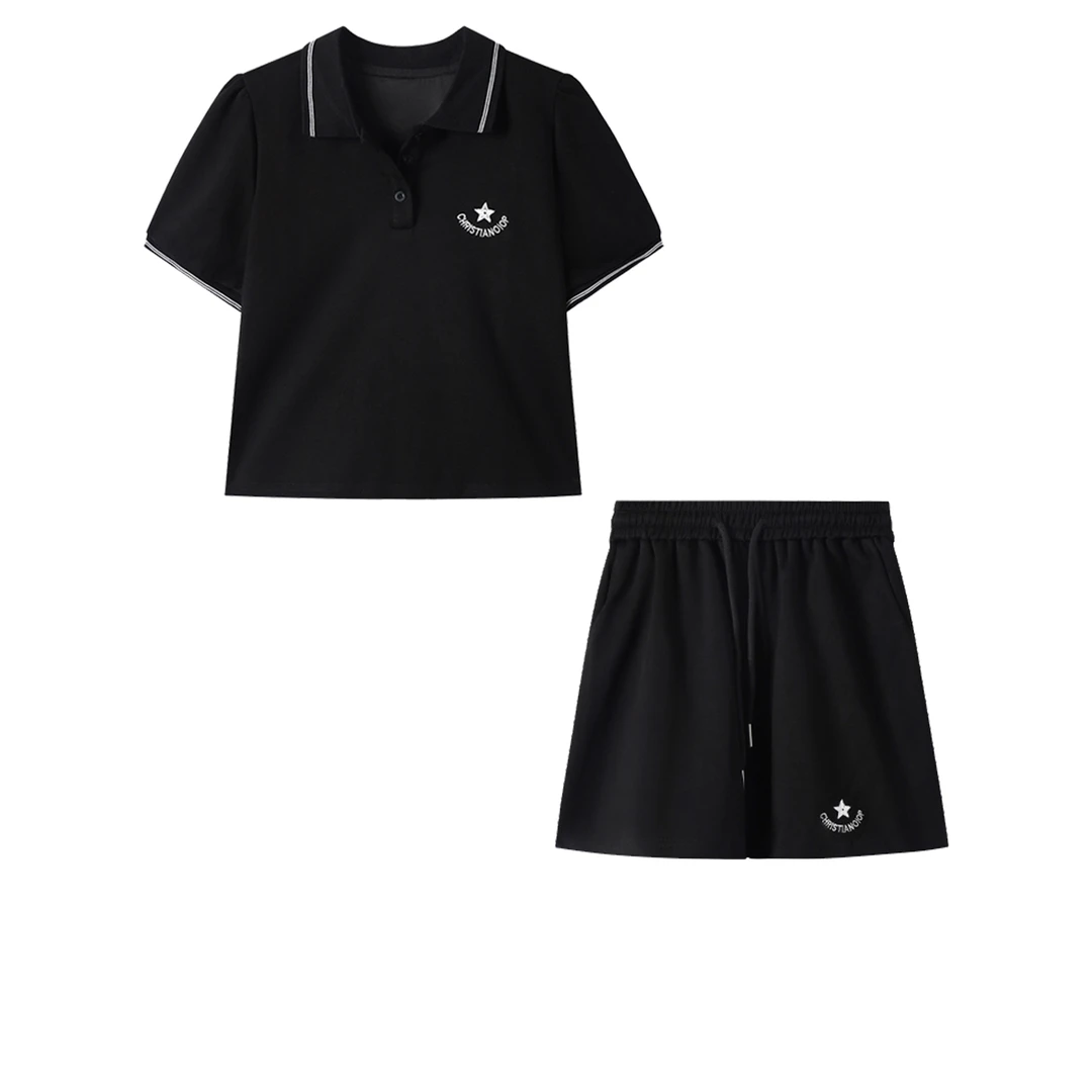 夏季简约时尚刺绣翻领气质显瘦休闲两件套装 W60997