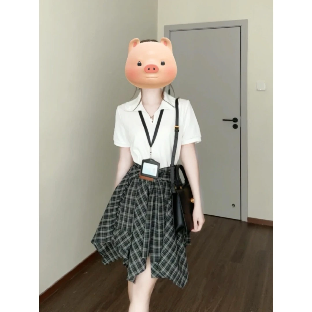不规则格子短裙女小个子夏季2025新款白色翻领短袖t恤学院风套装