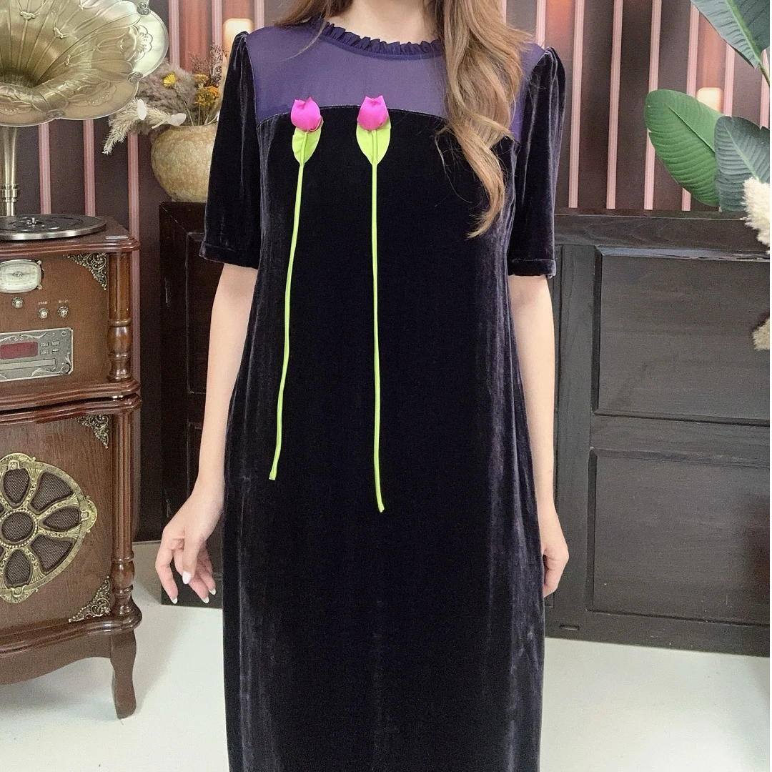 高端时尚桑蚕丝丝绒连衣裙YG-6615拼接立体花朵（衣长120cm）