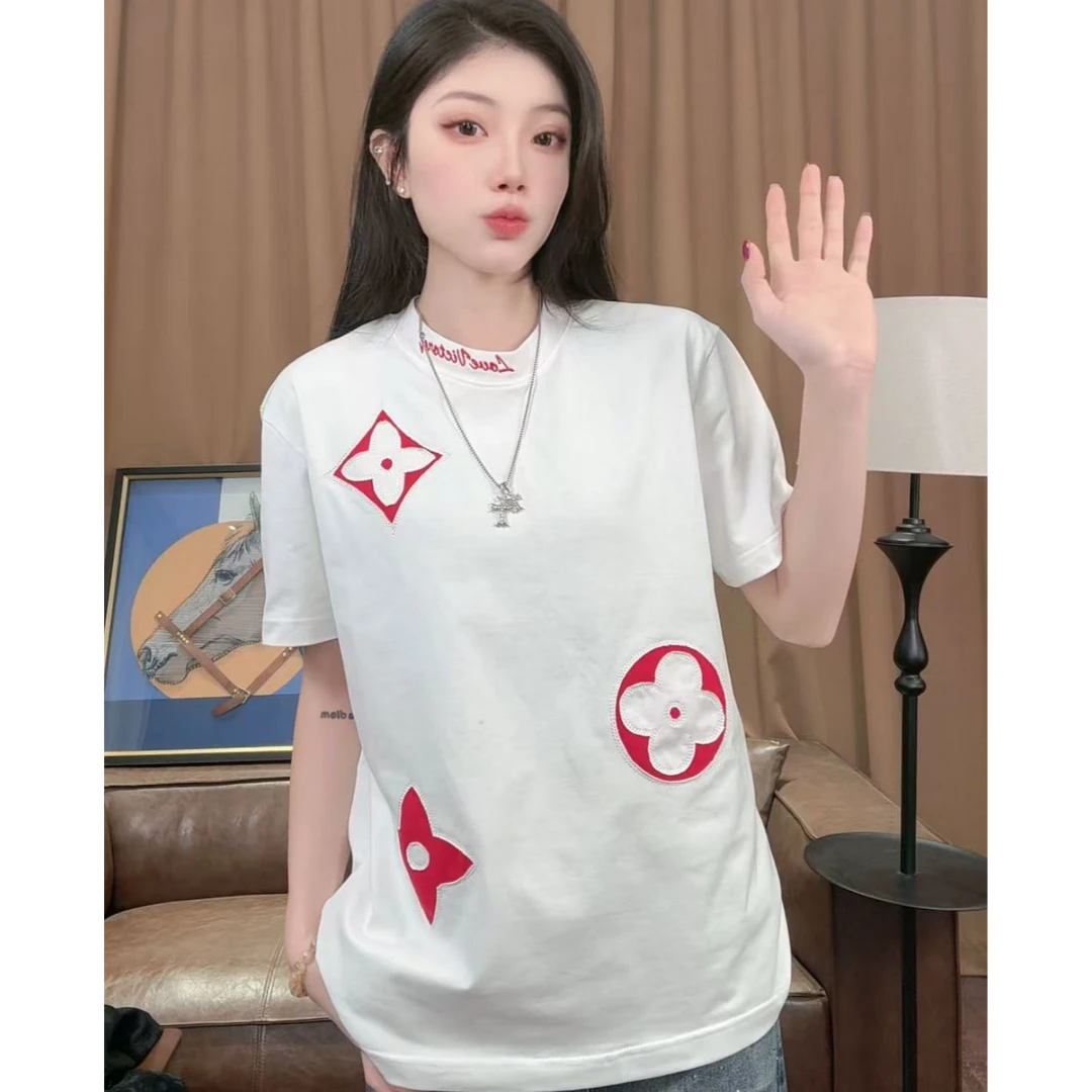 【七七】2025春季新款轻奢百搭时尚刺绣圆领短袖T恤