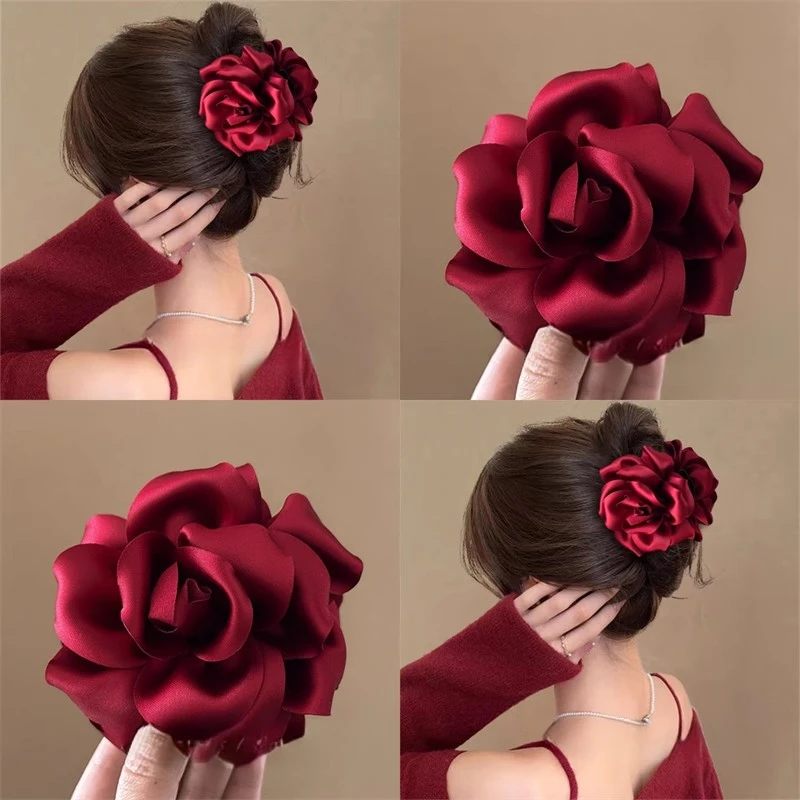 明艳动人！红色玫瑰花朵抓夹！新年精致鲨鱼夹高级感发抓女盘发器