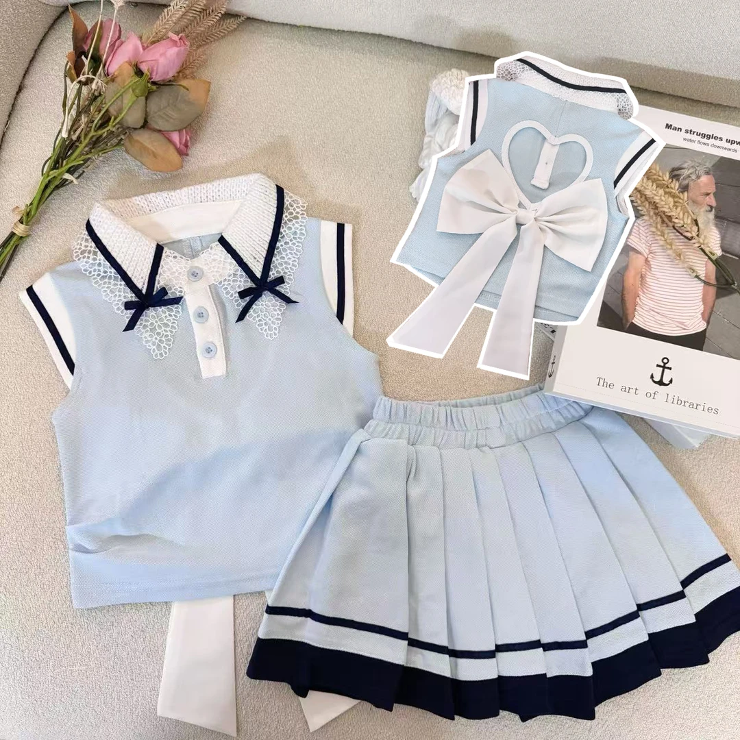 2025女童多巴胺蝴蝶结镂空套装儿童女孩飞袖上衣百褶裙清新两件套