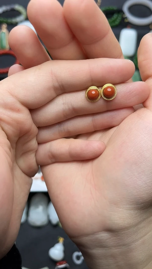 银S925镶嵌耳饰南红玛瑙蛋面耳钉06