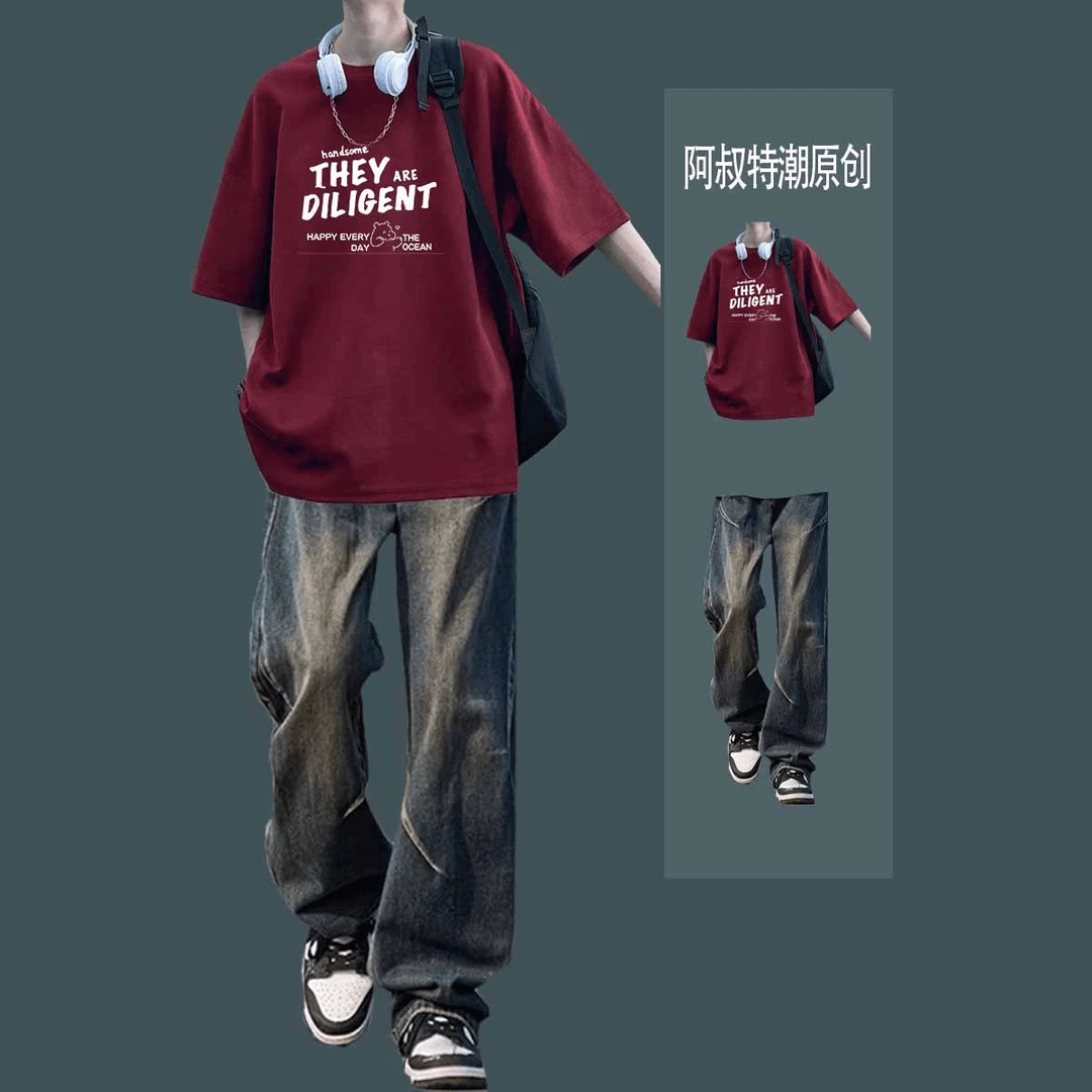 夏季套装男生休闲宽松短袖T恤痞帅一套青少年搭配潮流两件套男装