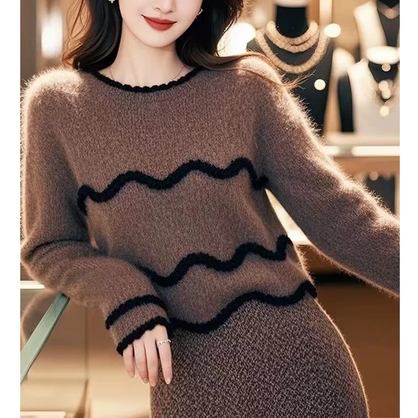 法式复古绝美咖色圆领长袖毛衣针织衫女秋冬新款气质高端百搭小衫