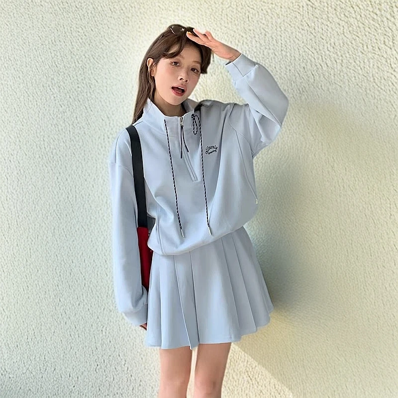 2025春秋新款韩系休闲套装女高级感立领半拉链卫衣百褶裙休闲套装