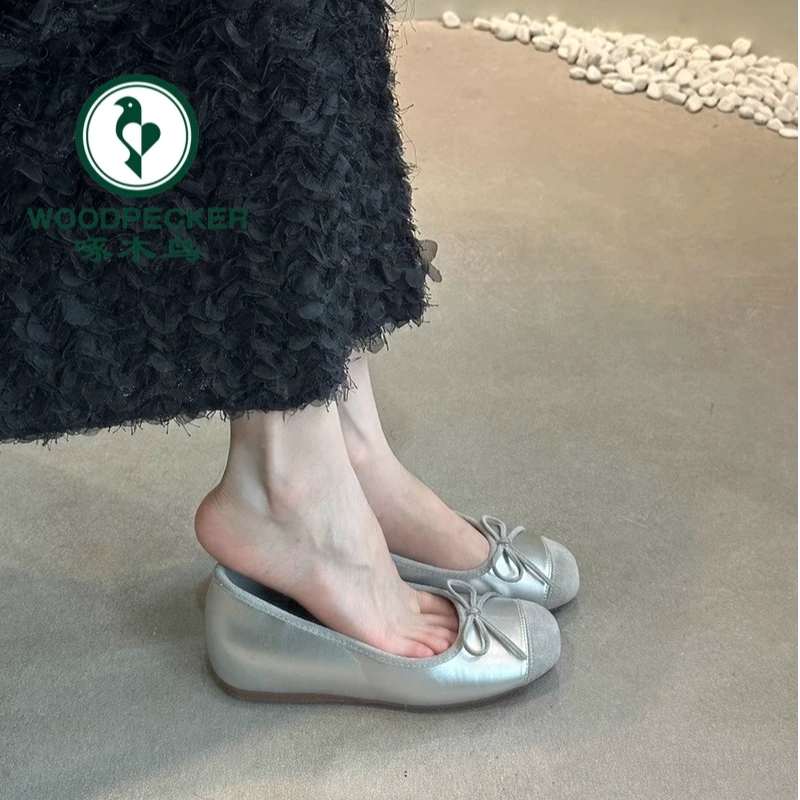 啄木鸟内增高5CM温柔晚晚鞋法式银色芭蕾单鞋厚底增高软底奶奶鞋