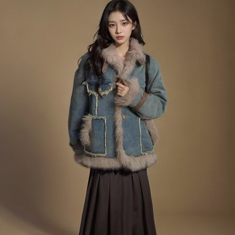 设计毛毛拼接复古牛仔外套冬季加绒加厚女宽松百搭保暖棉服外套