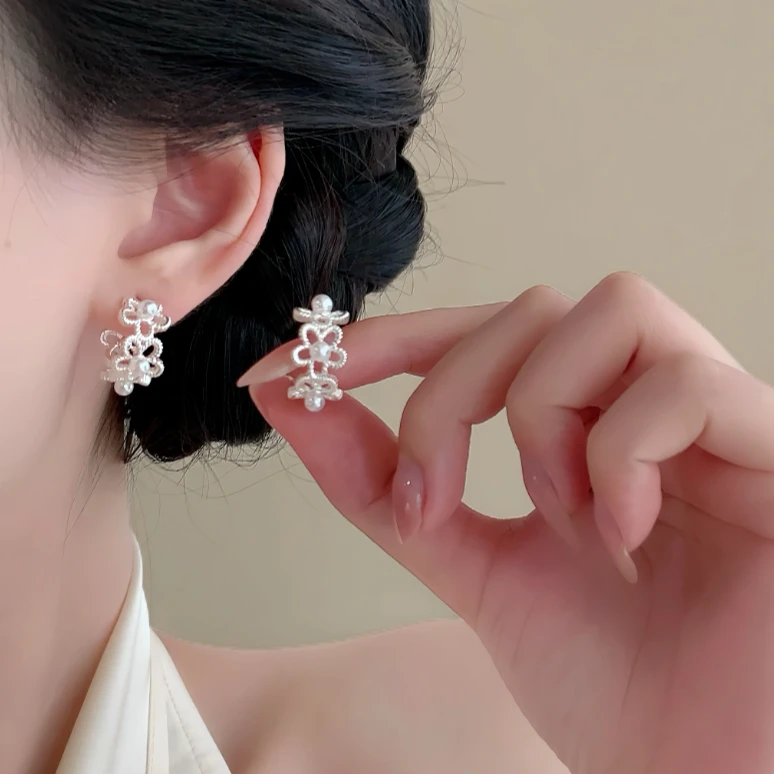 铜合金耳饰 「画报少女」花朵耳钉高颜值蚊香盘耳夹无耳洞耳环耳饰
