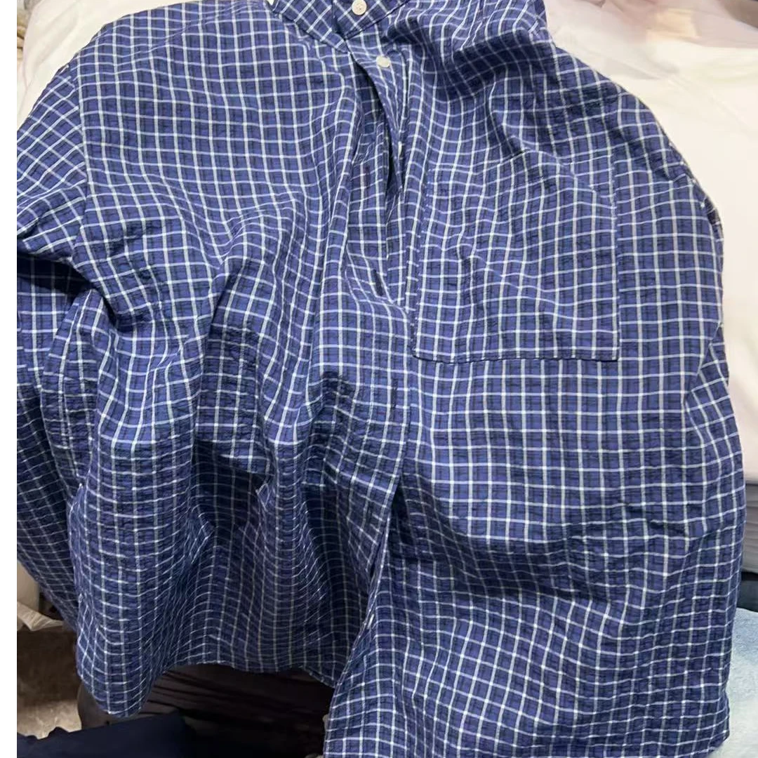 【NO退NO换】韩国东大门2025春款藏蓝色格子衬衣