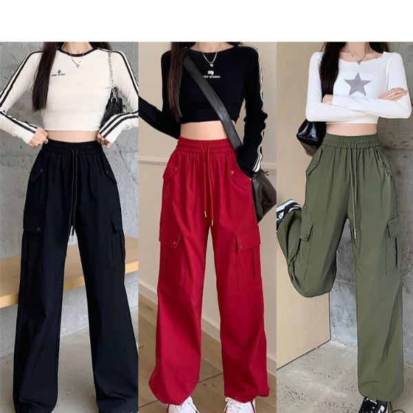 小众松紧港风显瘦运动风工装长裤宽松春夏季百搭独特阔腿束脚裤女