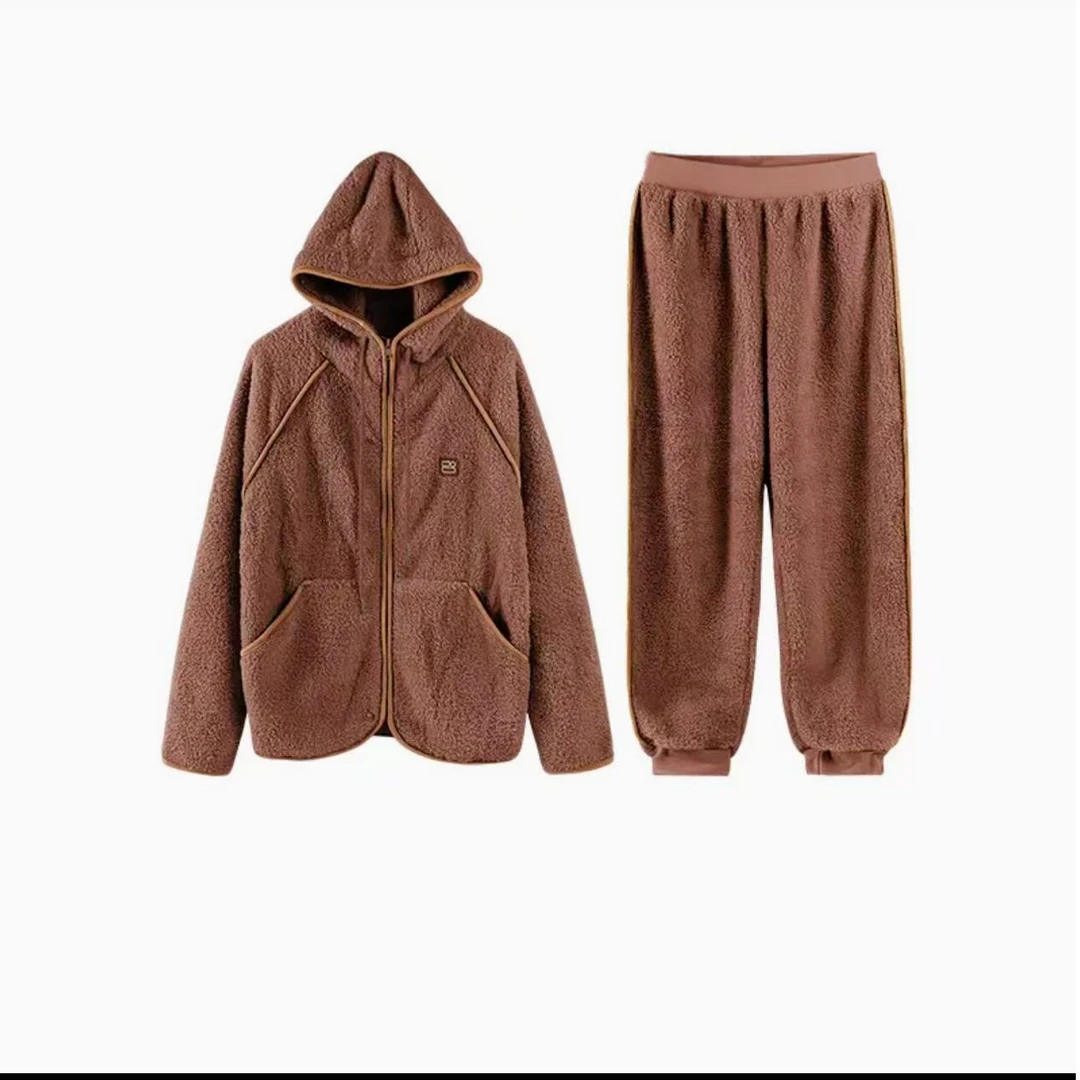 7789-情侣款羔绒连帽外穿居家套装（泰咖色）