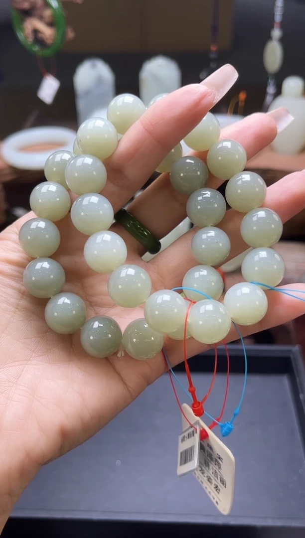 【闪购商品】和田玉手串未镶嵌且末青白卡14圆珠 多样性发一