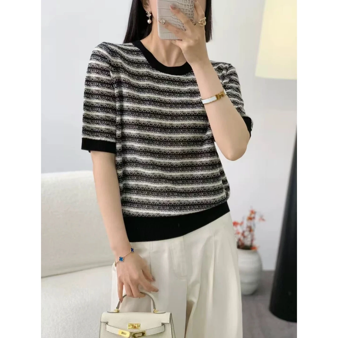 3198【小香风条纹短袖针织衫】版型好！春夏新款韩系女士上衣