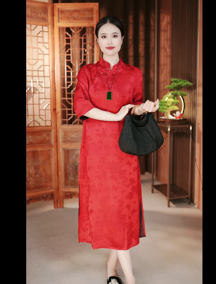 【一路长红】双面双穿经典花螺螺孔香云纱连衣裙