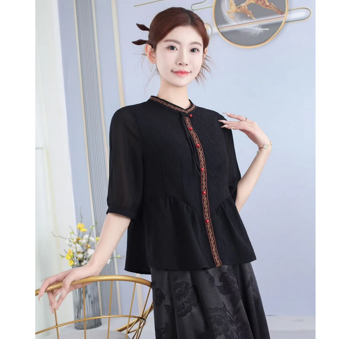 GZ1116 （聚水潭）薄款衬衫极简风女装时尚衬衫中袖国风女士丝丝衣