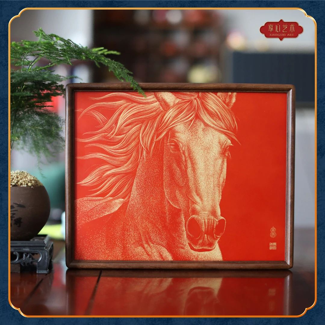 享心《马到成功》铜彩画桌面摆台装饰画书房铜雕画茶室装饰画铜画