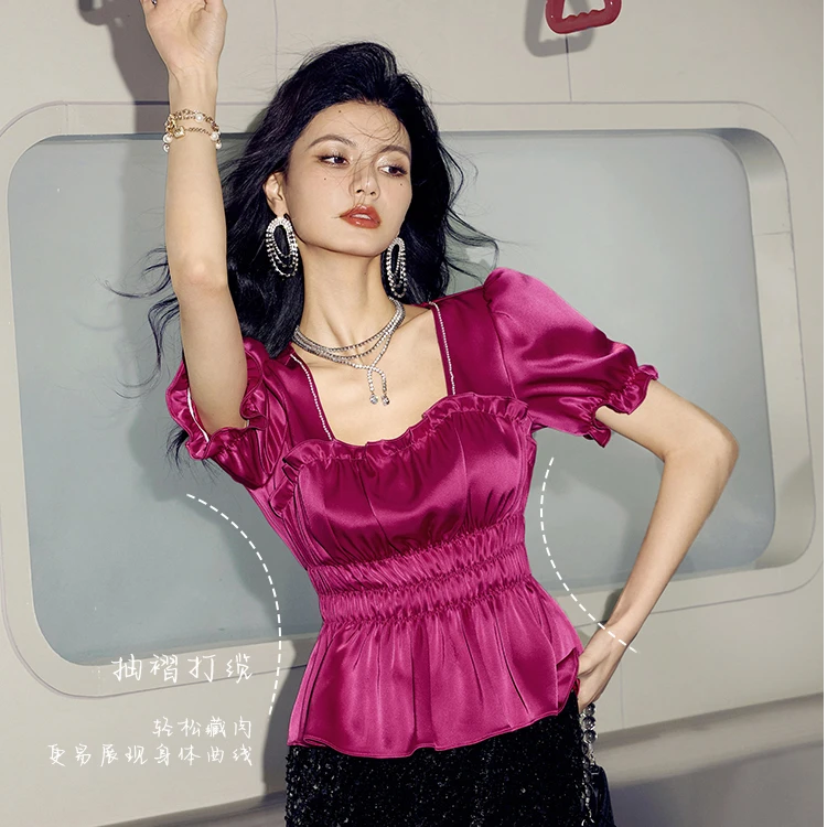 【媛媛女王专享】CHICHY复古千金收腰衬衫玫红色短上衣CC1D003242