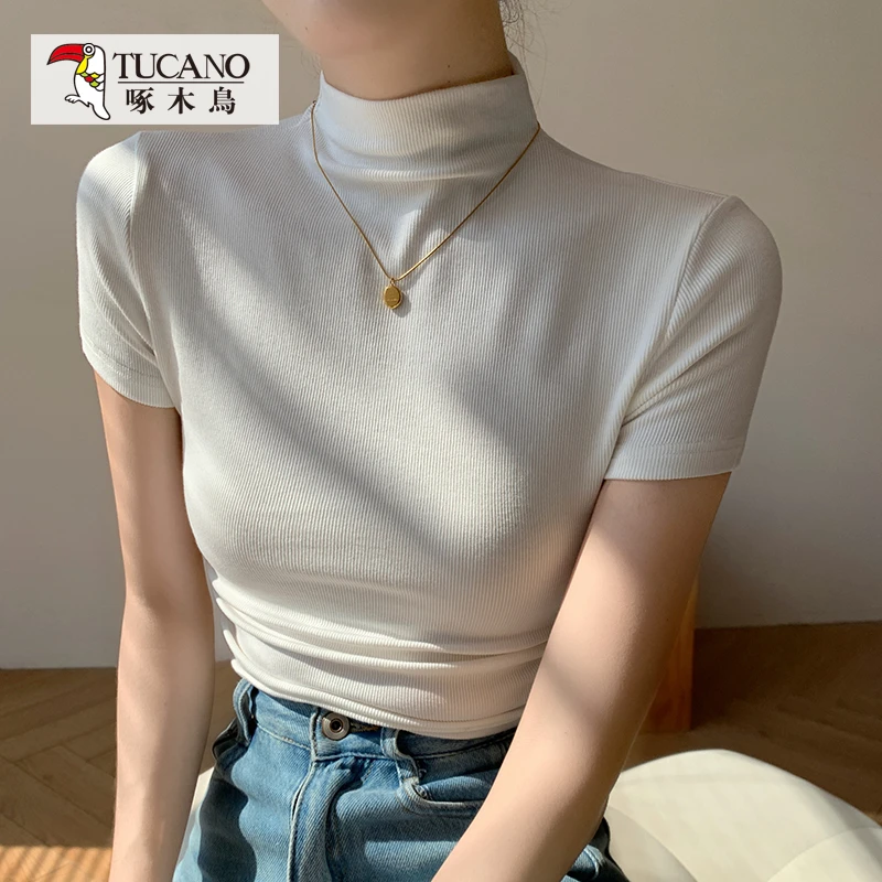 啄木鸟JS白高领t恤女短袖正肩修身褶皱螺纹打底衫女内搭薄款上衣