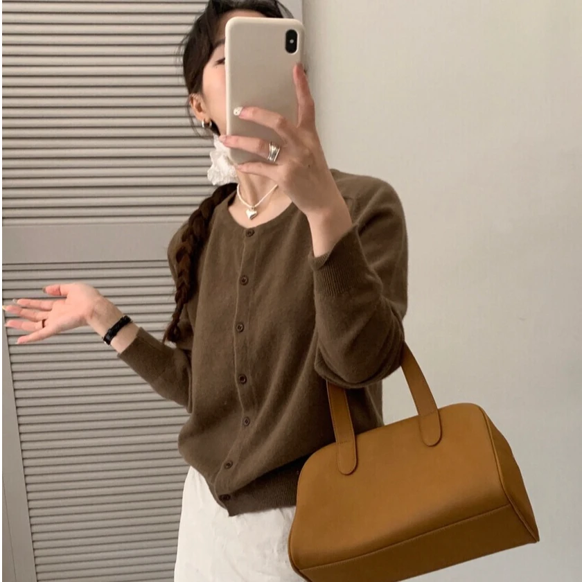 100％绵羊毛小木扣开衫文艺保暖圆领纯色百搭秋冬叠穿内搭经典咖色