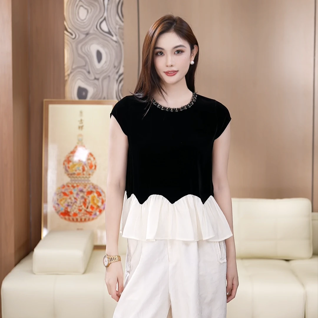 花瓣下摆拼接真丝丝绒钉珠圆领短袖夏季百搭上衣A050828