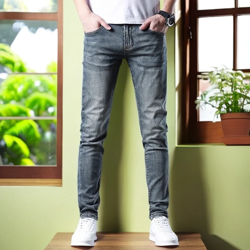 娜罗普西牛仔裤男款修身小脚男士水洗潮流直筒新款春夏长裤子男