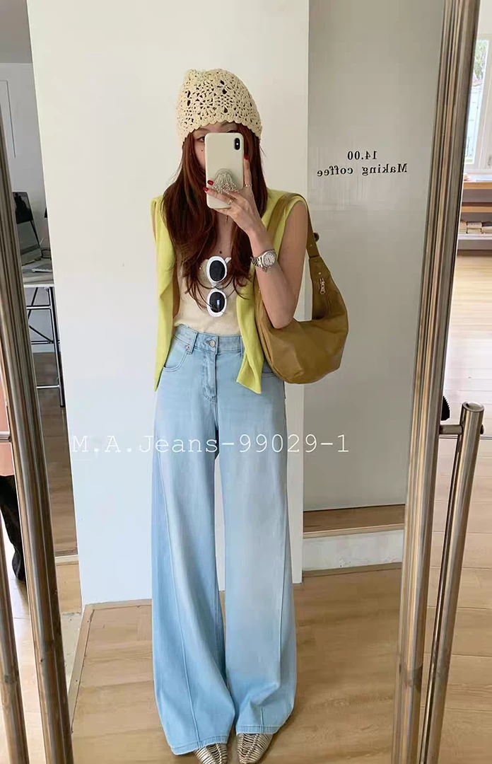 MA牛仔裤女剪标浅蓝夏宽松显瘦多巴胺阔腿微喇拖地裤男友99029-1