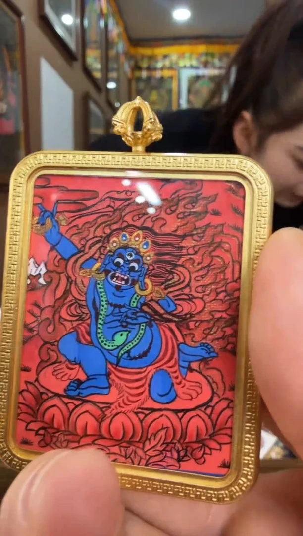 吊坠红唐黑财神-热贡纯手绘唐卡