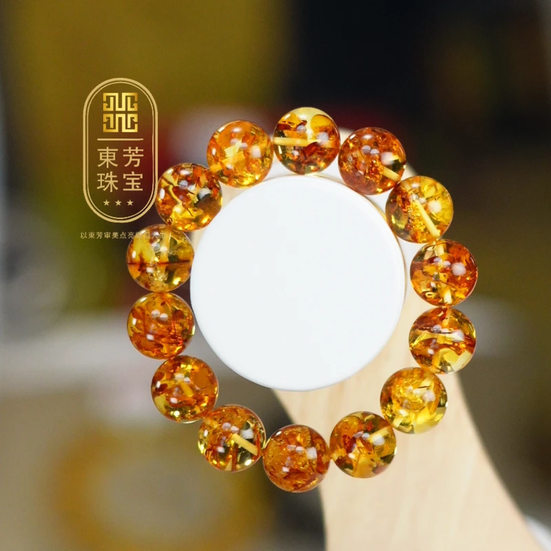 東芳珠宝-16mm俄罗斯天然花珀手串圆珠琥珀手串爆花素圈百搭时尚