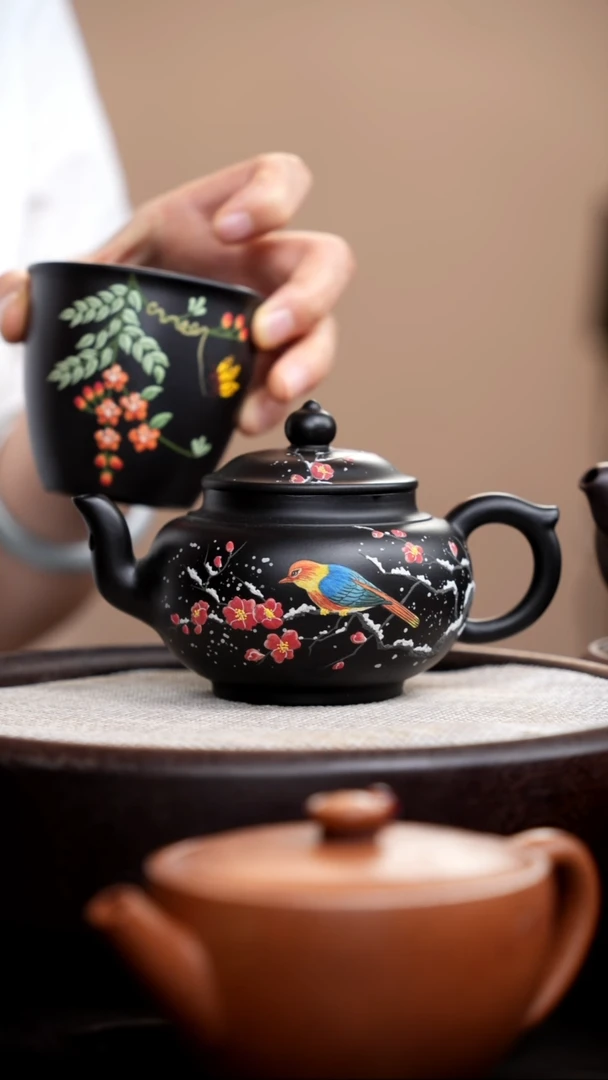 茶壶紫砂云雾扁笑樱泥绘雪景+杯008