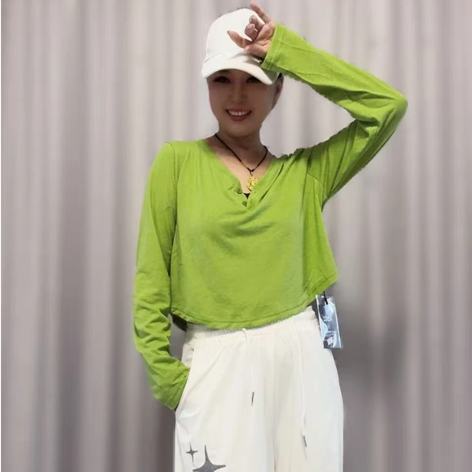 CX5075早秋新款雪花棉长袖T恤简约时尚女短款圆领百搭显瘦上衣