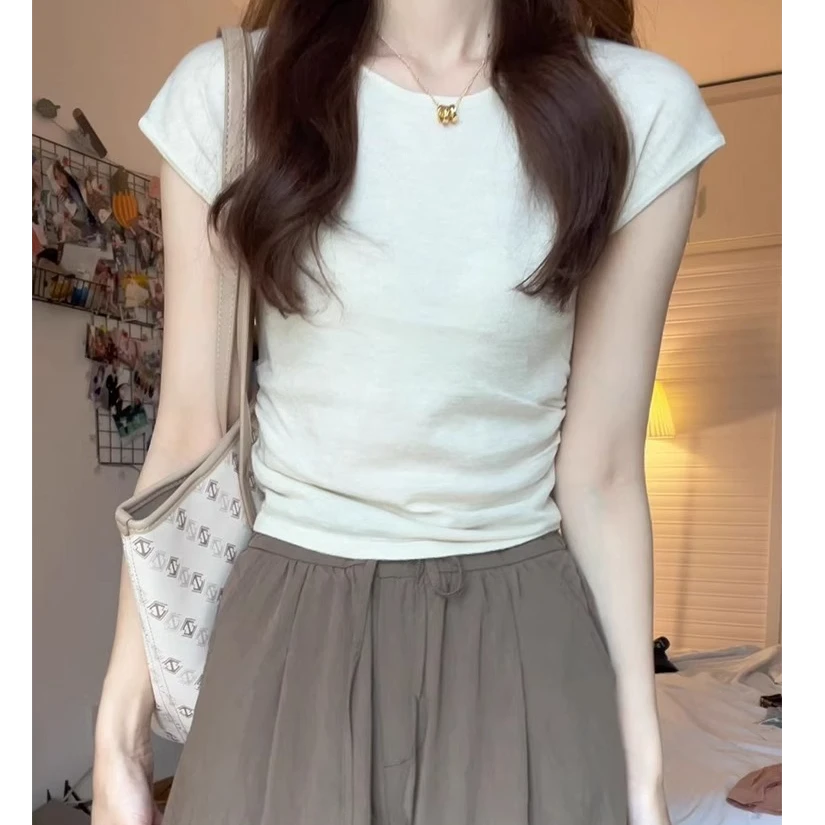 正肩短袖t恤女短款2025夏季新款修身显瘦设计感打底半袖上衣