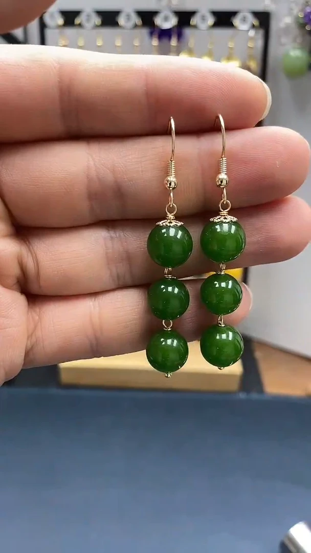 和田玉银S925镀金镶嵌耳饰尺寸10mm连珠01