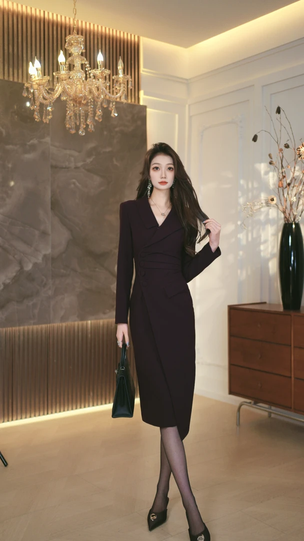 罗曼定制 原创设计修身时尚中国风秋季紫色西装气质连裙子连衣裙