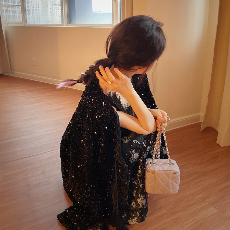 yanyan百搭新中式流苏黑色亮闪闪珠片宽松显瘦丝绒外套女秋冬