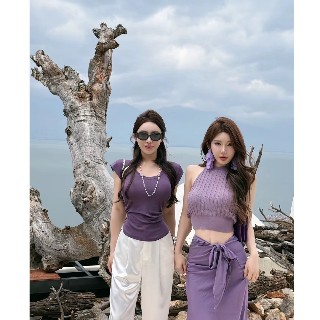 媛媛【好穿到自留】紫色u领修身显瘦性感百搭上衣t恤#T0699