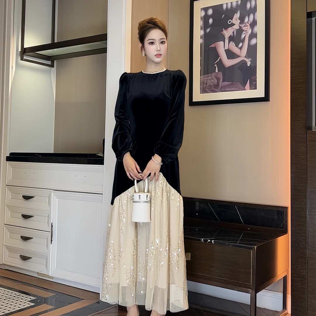 【时时原创】气质复古赫本风法式轻奢拼接设计时尚优雅连衣裙9931