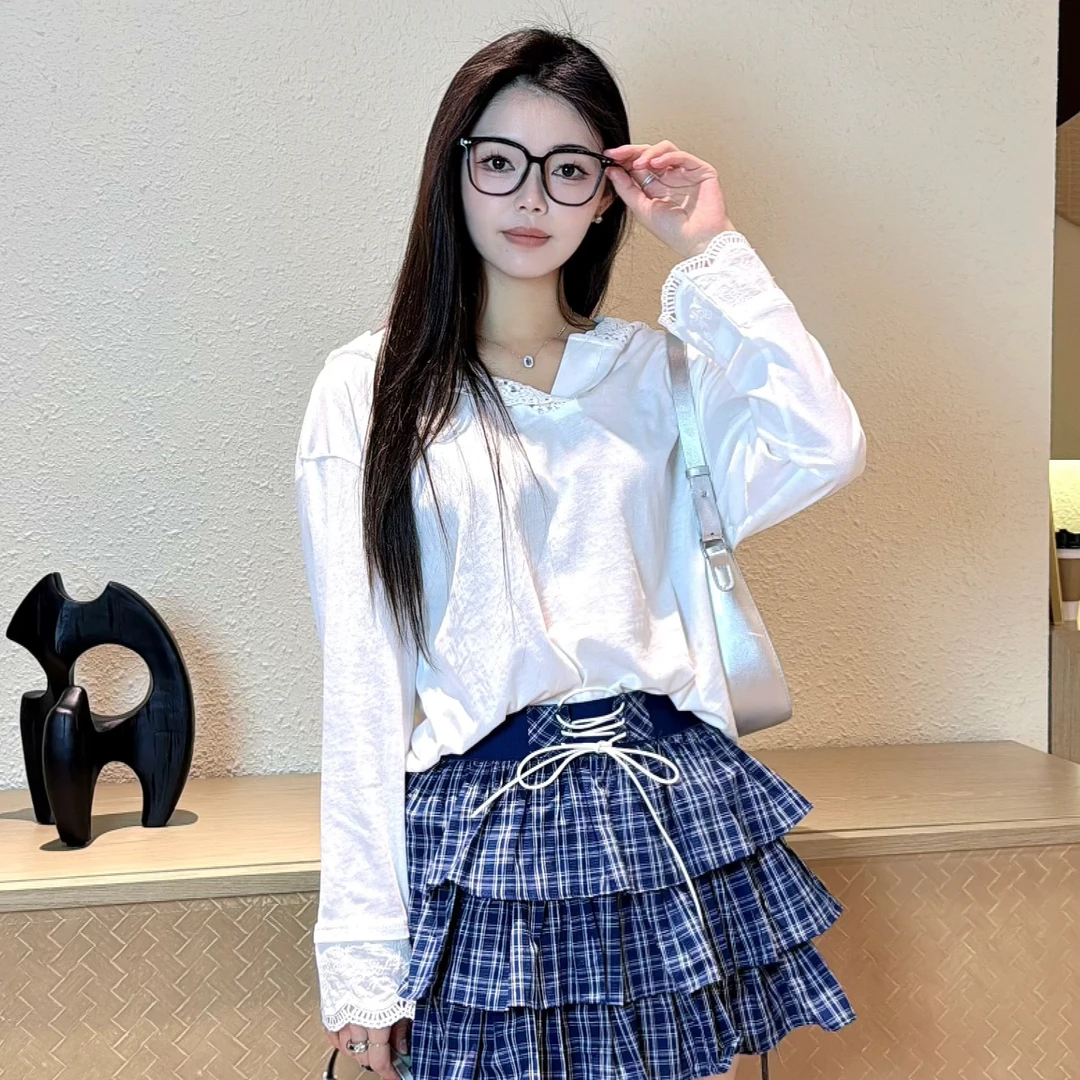 休闲风通勤连帽中长款蕾丝白色洋气设计感韩版T恤百搭时尚长袖