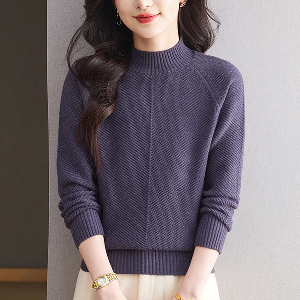 简约时尚提花女半高领冬季新款纯色洋气百搭宽松显瘦针织打底衫