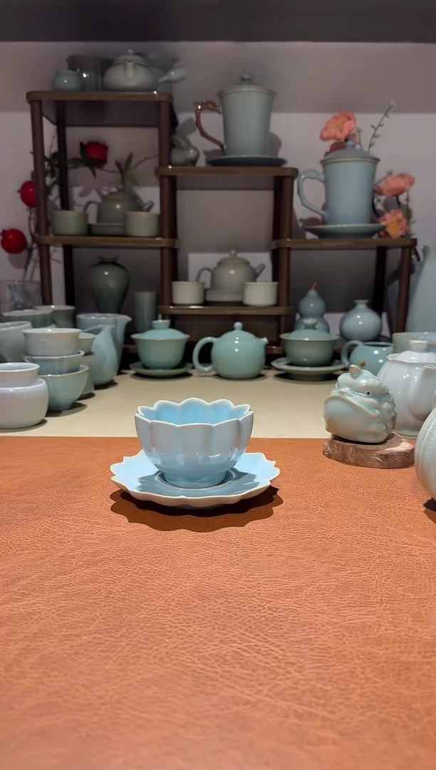 杯子瓷青莲温碗杯 两件套 主人杯咖啡杯品茗杯花器 天青釉一级
