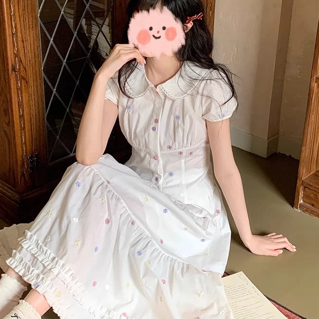 小个子法式娃娃领碎花短袖衬衫连衣裙女夏A字半身长裙