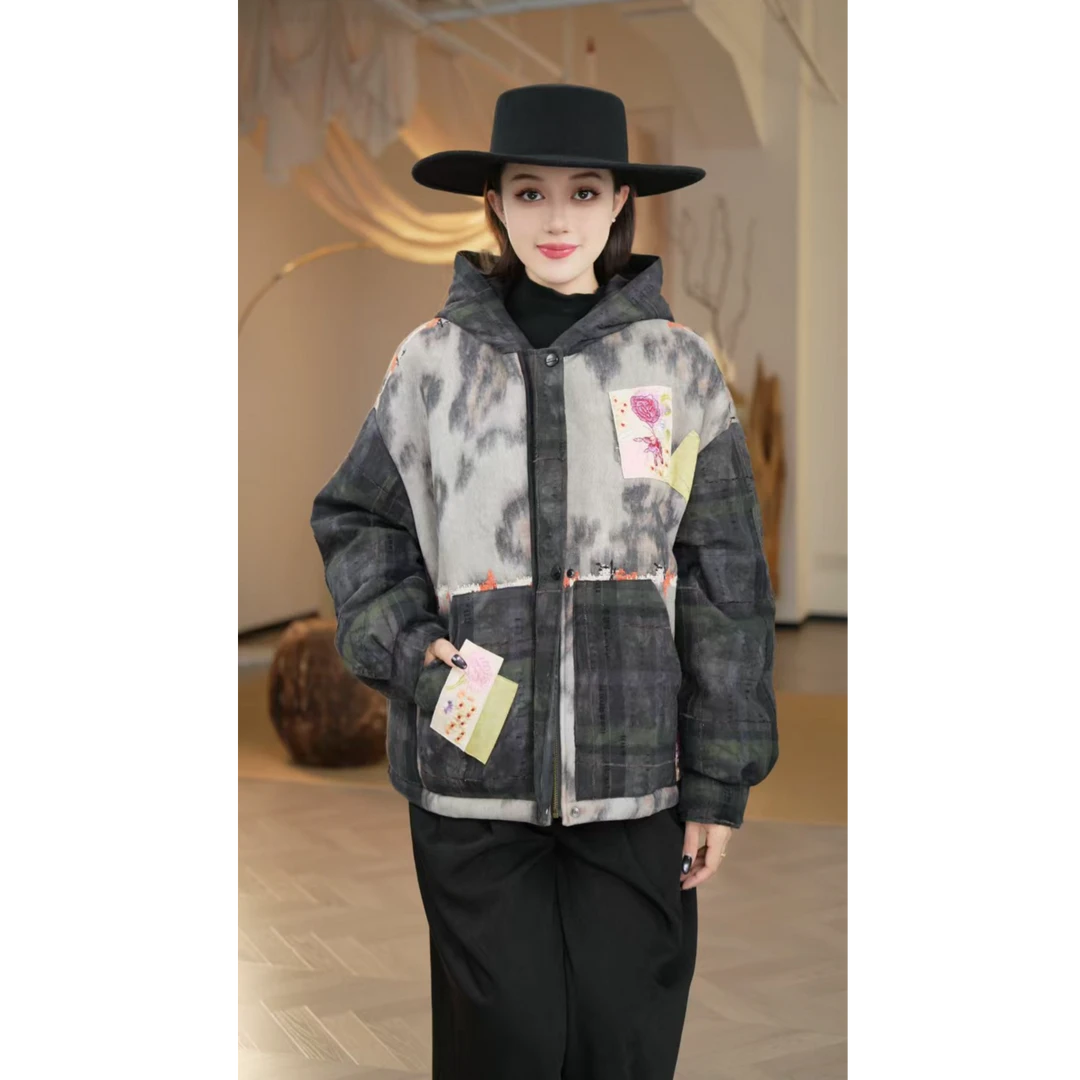 【镶守·宛如】冬季轻中式皮毛一体复古连帽短款白鹅绒服外套8375