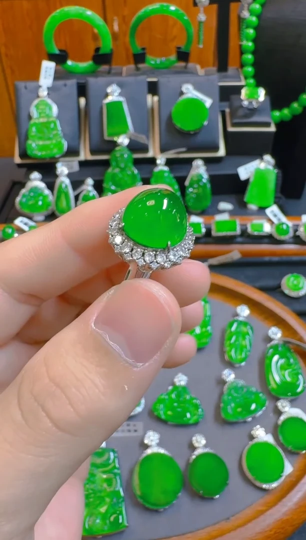 银S925镶嵌戒指翡翠天然A货翡翠