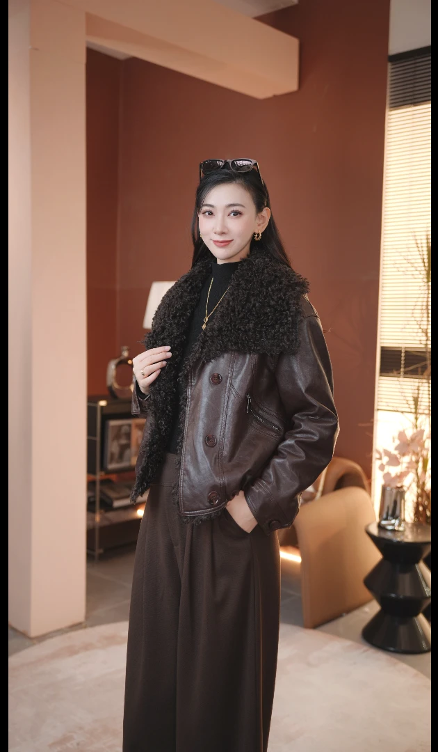 冬季新款海宁真皮绵羊皮外套大翻领女士毛领托卡复古皮衣加绒加厚