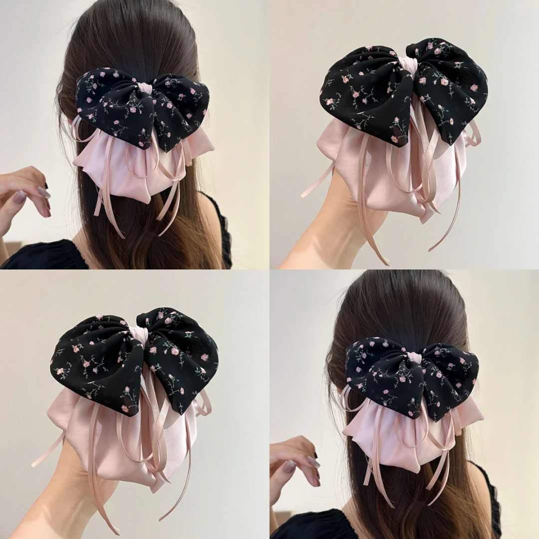 设计感撞色碎花后脑勺高马尾抓夹气质蝴蝶结飘带半扎发鲨鱼夹发夹