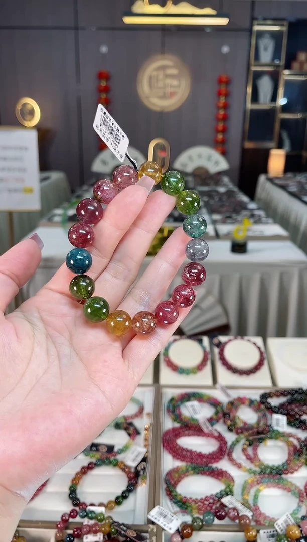 未镶嵌冰透体老矿碧玺色标彩虹单圈手串12mm+碧玺hon多样性发一条