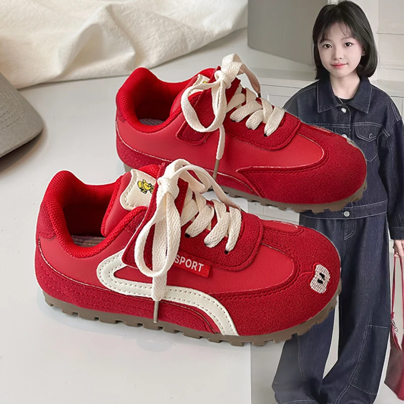 ABC女童德训鞋红色运动鞋2025新款秋季儿童鞋子女宝宝休闲鞋百搭