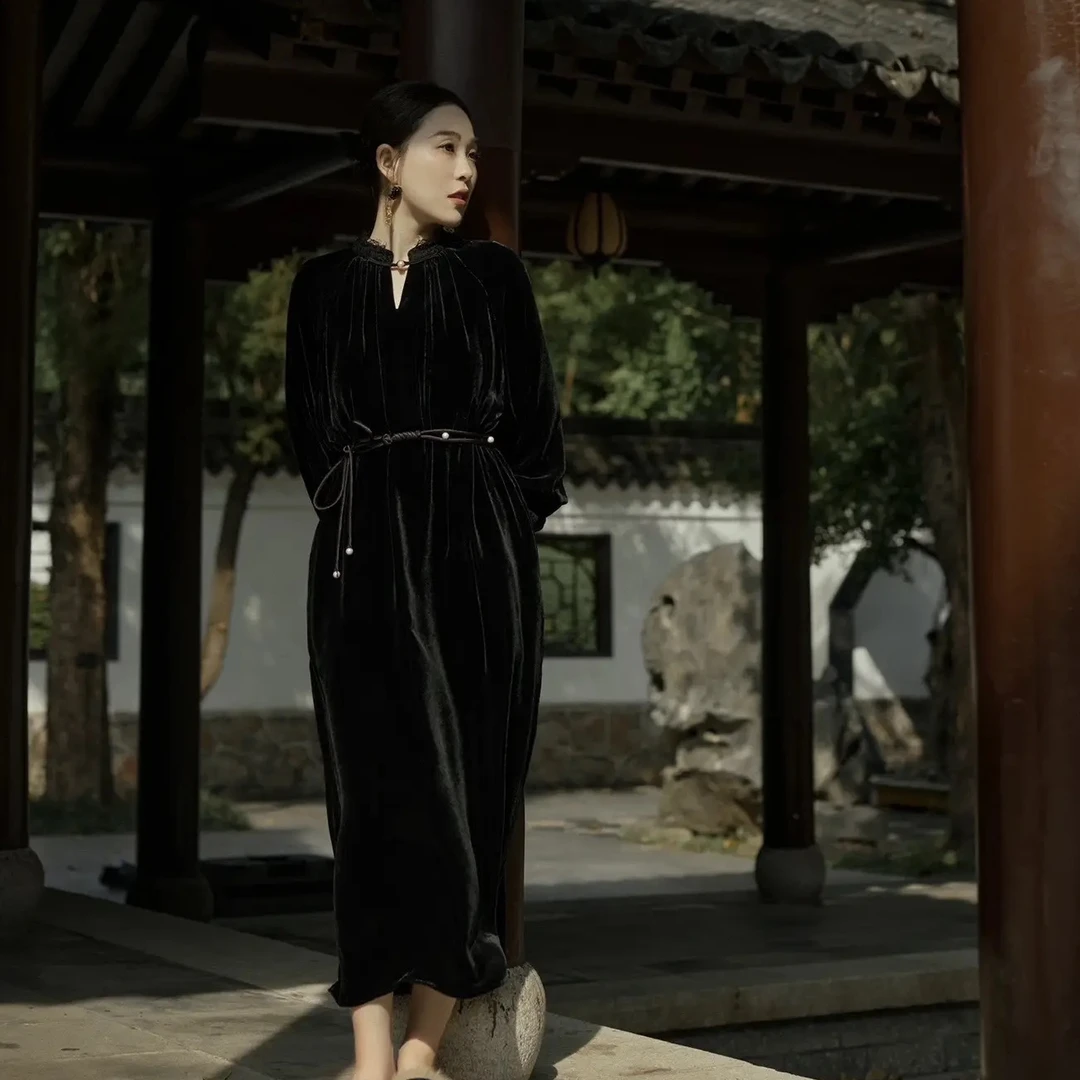 优雅过冬！真丝丝绒拼蕾丝百搭打底连衣裙外套！GZ1279