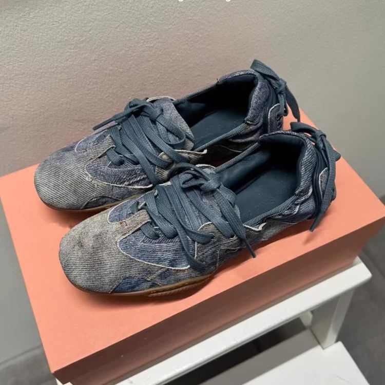 真皮2025复古牛仔芭蕾舞鞋系带褶皱德训鞋女一脚蹬平底单鞋休闲鞋