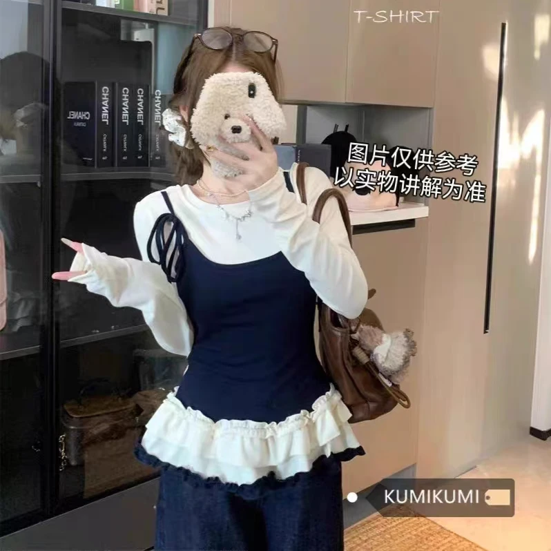 现货2025春季新款大码女装甜美风假两件花边底摆上衣
